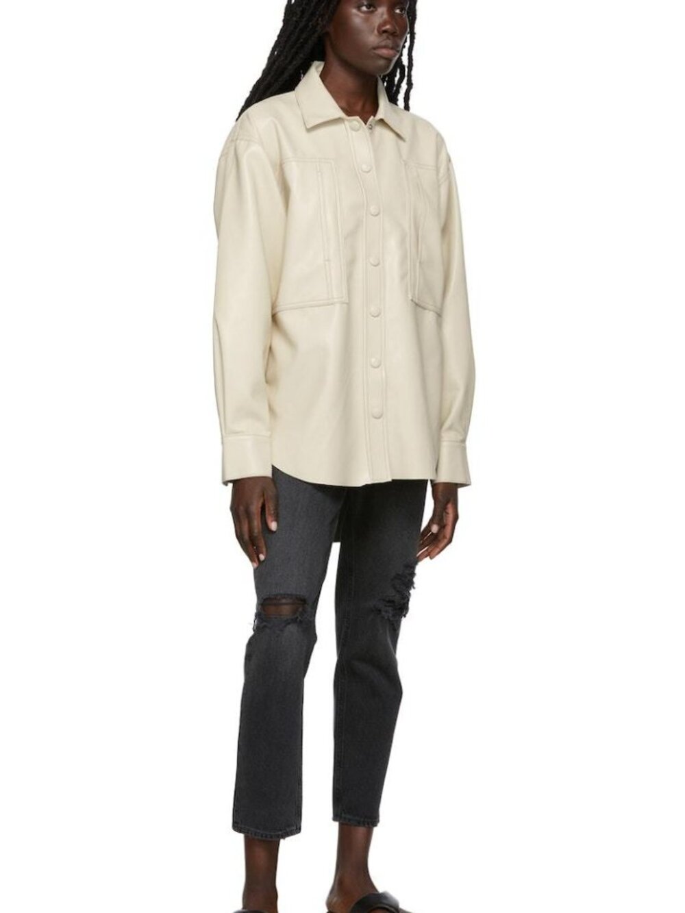 AGOLDE Off-White Faux-Leather Utility Shirt L